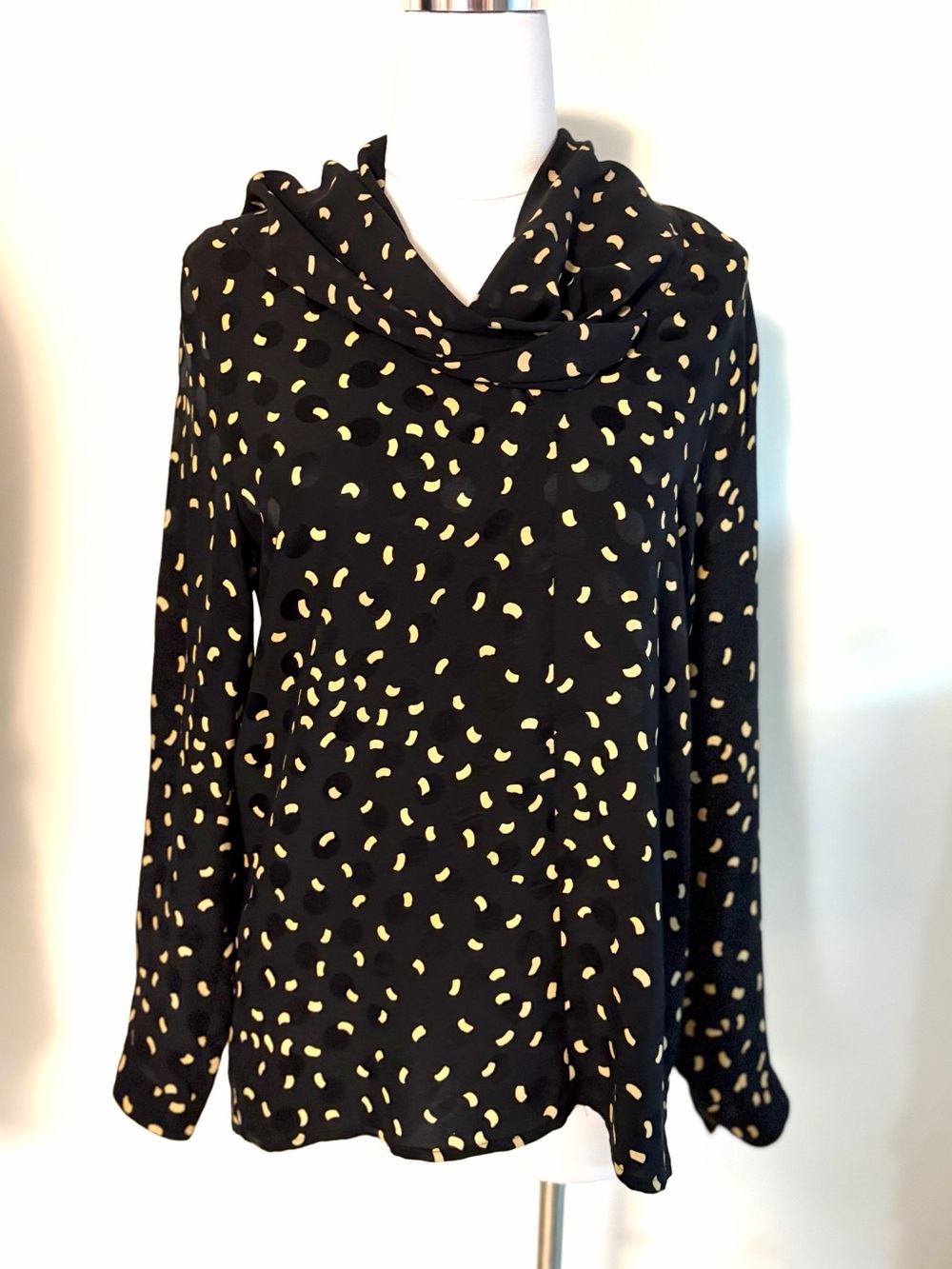 A vintage Louis Feraud silk navy jacquard scarf neck blouse
